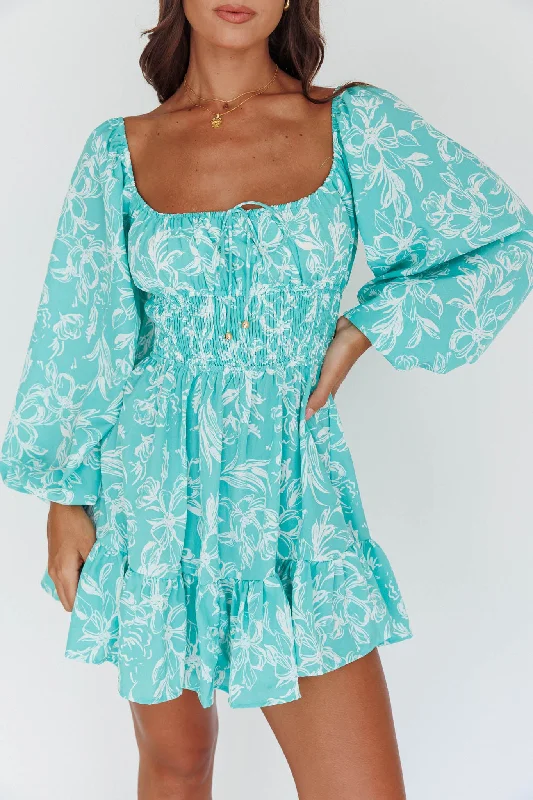 Amilie Shirred Long Sleeve Dress Floral Green