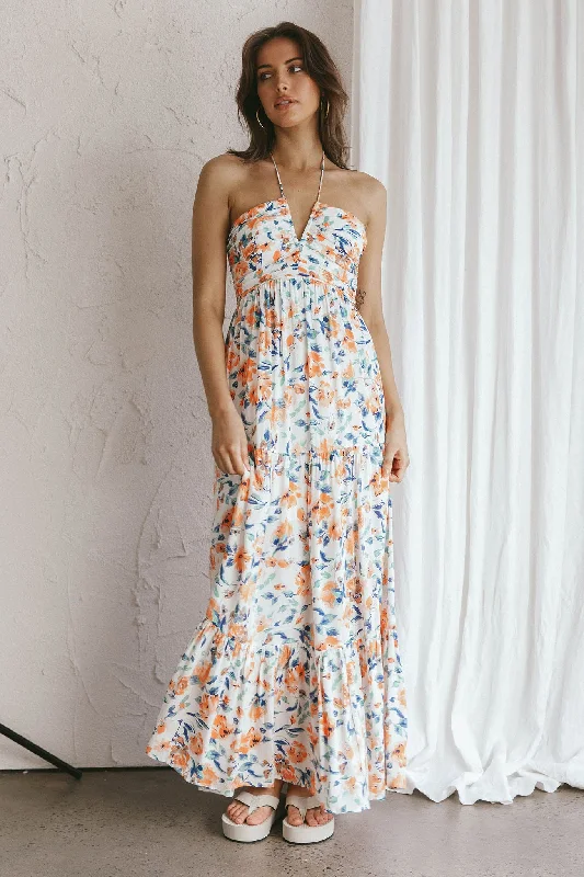 Asiah Halterneck Maxi Dress Floral Orange