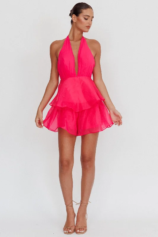 Behati Tiered Ruffles Halter Neck Romper Rose