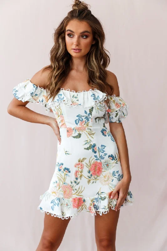 Bobby Bardot Neckline Puff Sleeve Dress Floral Print White