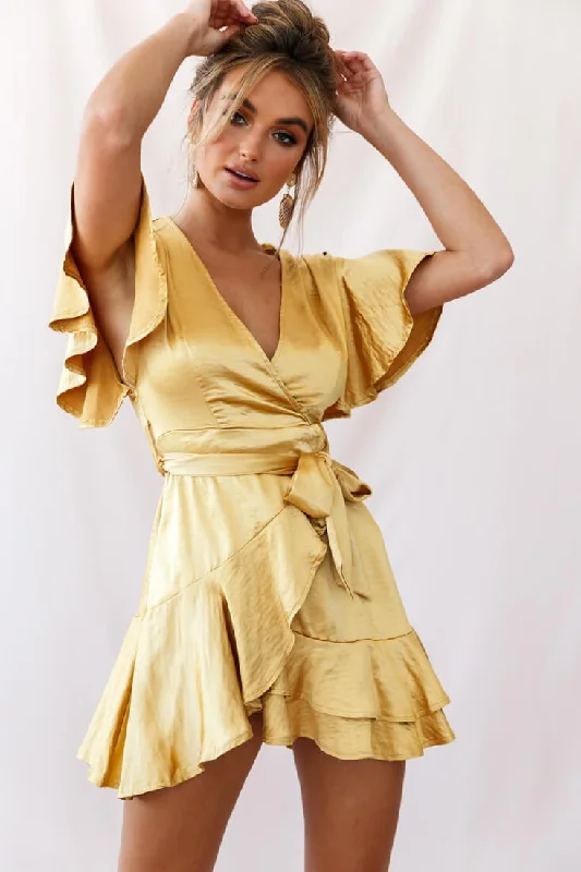 Cami Angel Sleeve Faux Wrap Dress Mustard