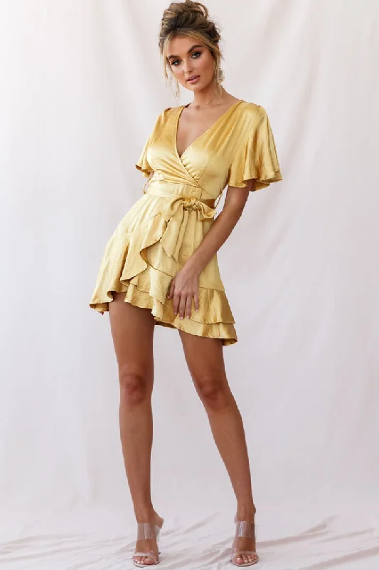 Cami Angel Sleeve Faux Wrap Dress Mustard