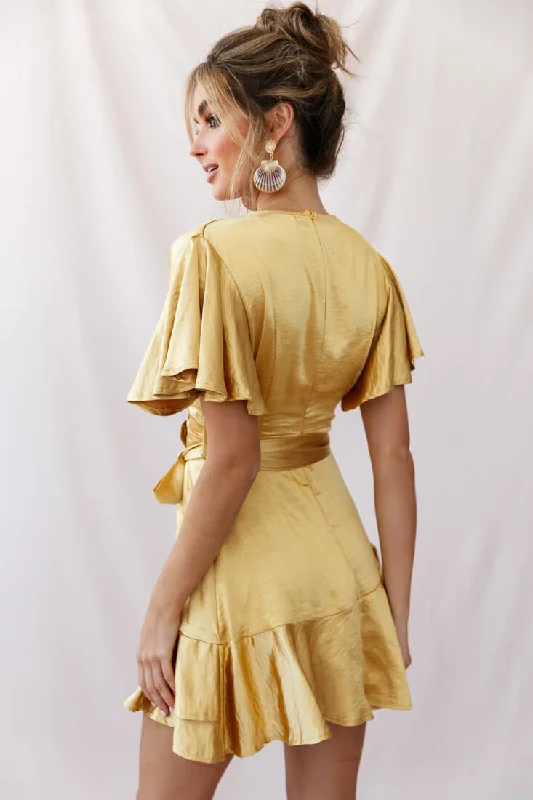 Cami Angel Sleeve Faux Wrap Dress Mustard