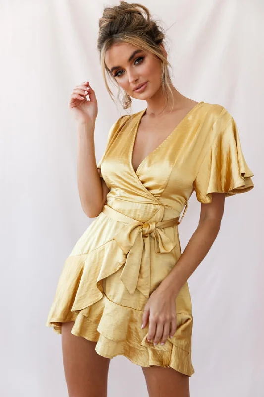 Cami Angel Sleeve Faux Wrap Dress Mustard