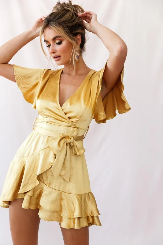 Cami Angel Sleeve Faux Wrap Dress Mustard