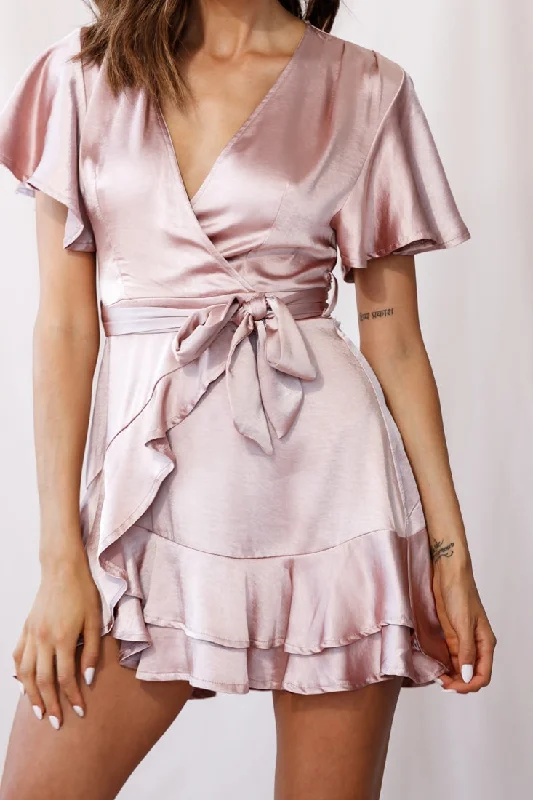 Cami Angel Sleeve Faux Wrap Dress Rose Gold