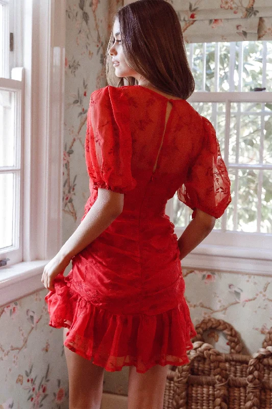 Cherry Blossom Puff Sleeve Wide Ruffle Hem Dress Red