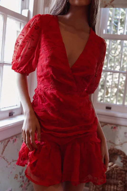 Cherry Blossom Puff Sleeve Wide Ruffle Hem Dress Red