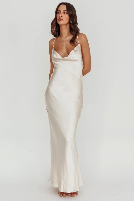 Danijela Cowl Neck Pearl Satin Maxi Dress Champagne