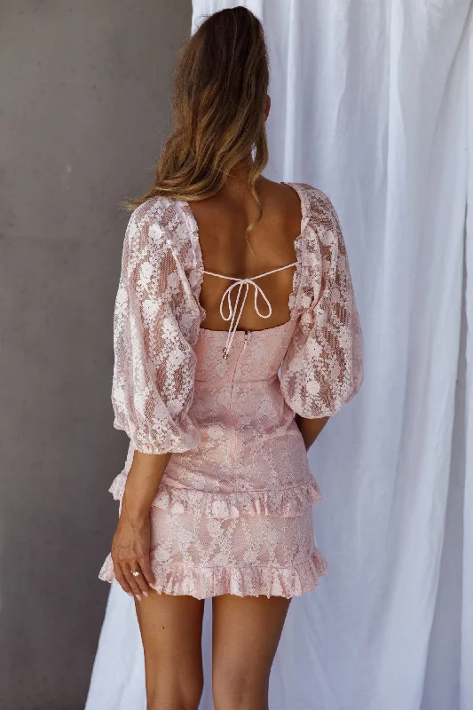 Hemingway Criss-Cross Bust Balloon Sleeve Frill Trim Lace Dress Blush