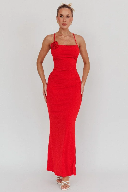 Ignite Rosette Backless Maxi Dress Cherry