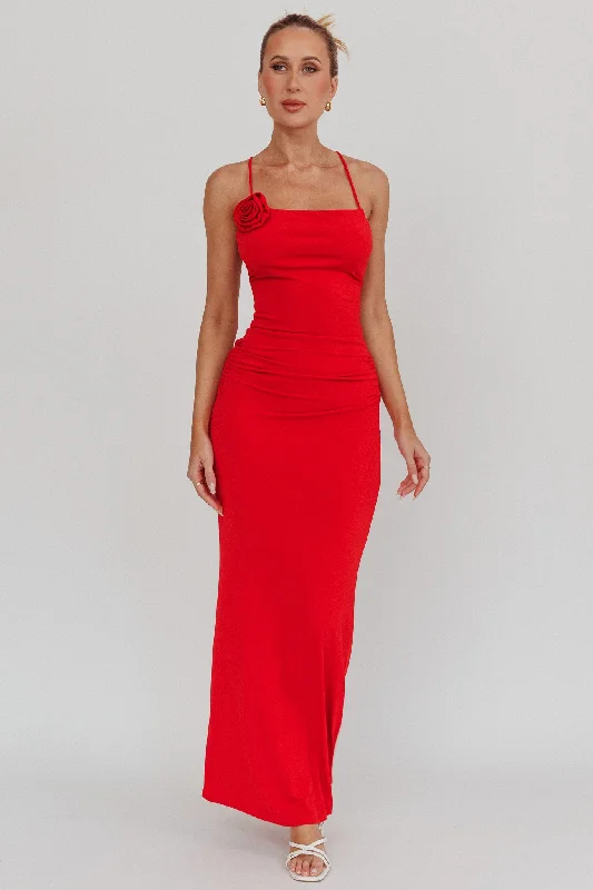 Ignite Rosette Backless Maxi Dress Cherry