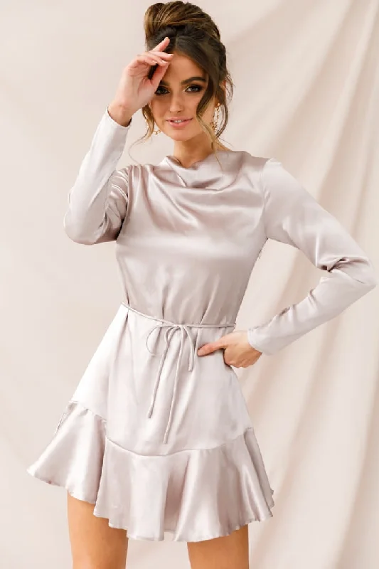 Interstellar Ruffle Hem Long Sleeve Dress Champagne