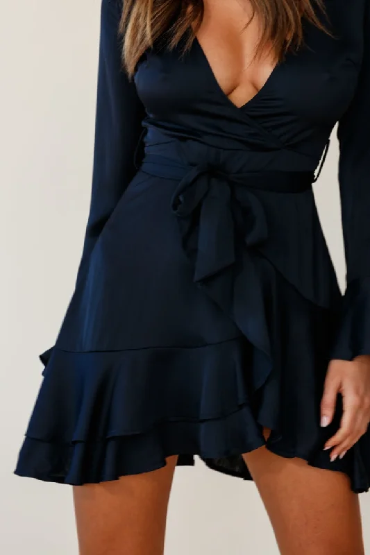 Khandi Long Sleeve Ruffle Wrap Dress Navy