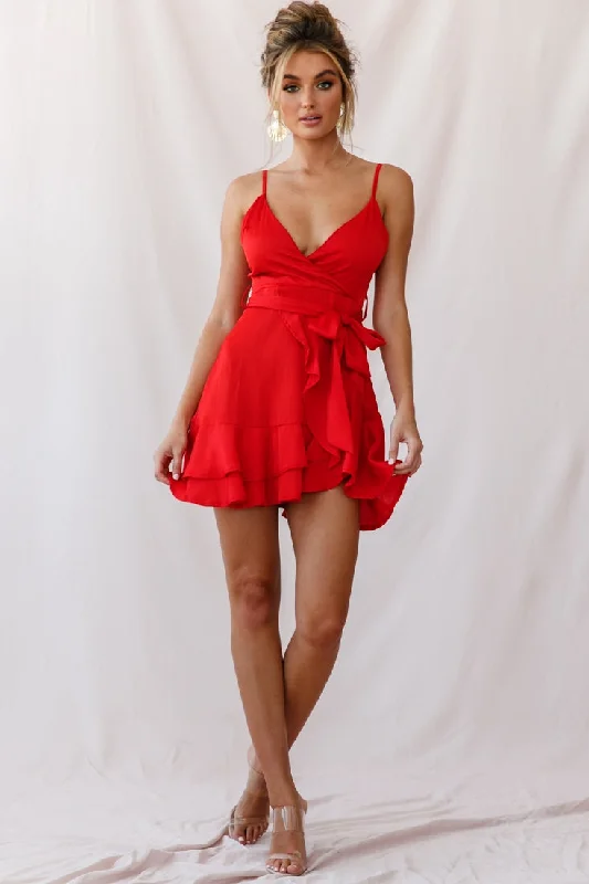 Khandi Wrap Ruffle Dress Red