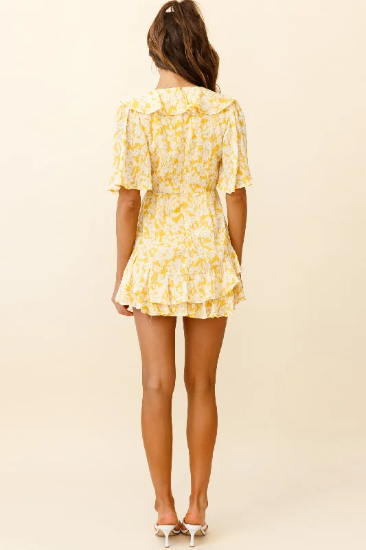 Mona Lisa Angel Sleeve Ruffle Trim Dress Floral Print Yellow