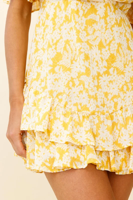 Mona Lisa Angel Sleeve Ruffle Trim Dress Floral Print Yellow