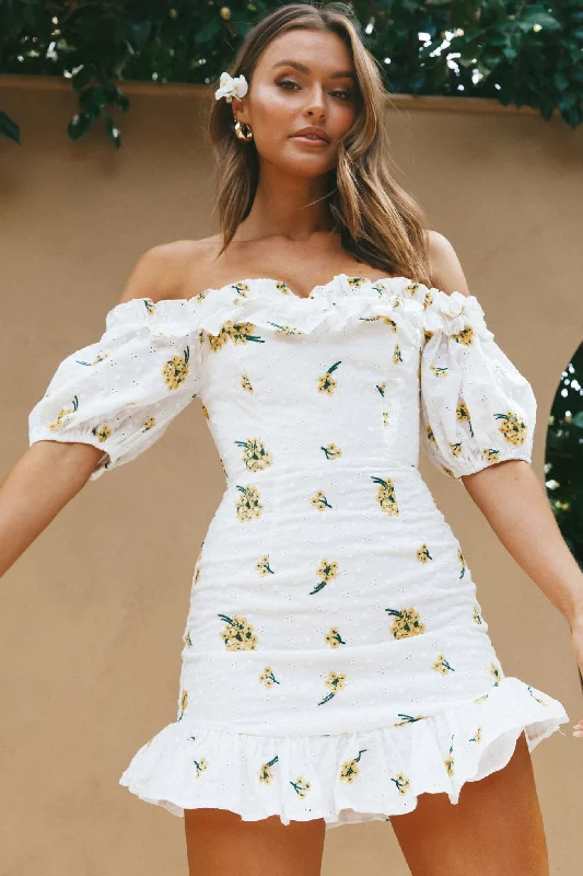 Morning Song Off-Shoulder Frill Trim Embroidery Dress Floral Print Yellow