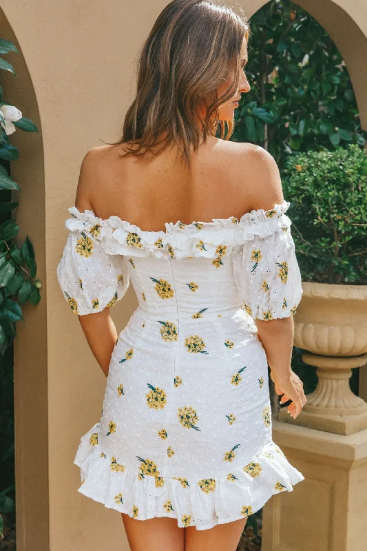 Morning Song Off-Shoulder Frill Trim Embroidery Dress Floral Print Yellow