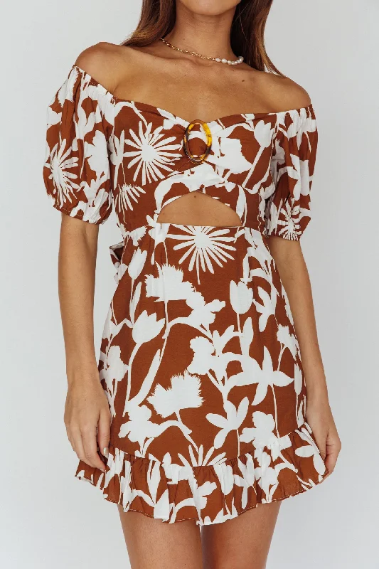 Palm Beach Puff Sleeve Dress Printed Tan