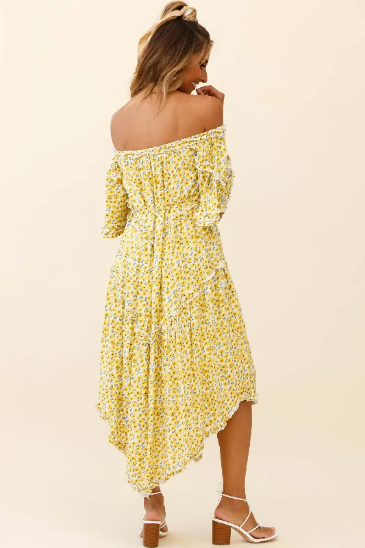 Renoir Off-Shoulder Frill Trim Dress Floral Print Yellow