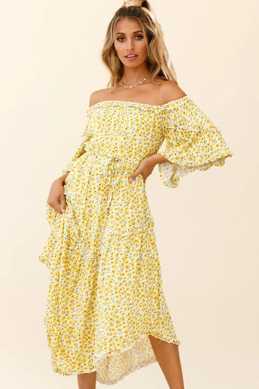 Renoir Off-Shoulder Frill Trim Dress Floral Print Yellow