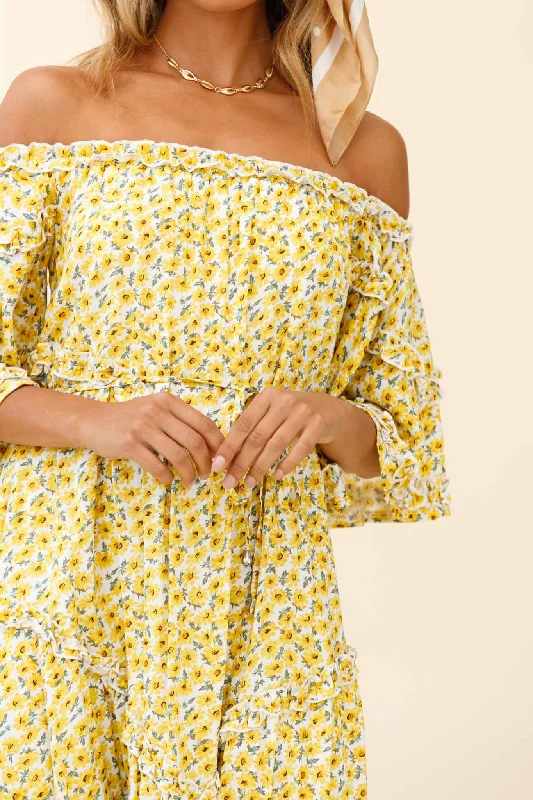 Renoir Off-Shoulder Frill Trim Dress Floral Print Yellow