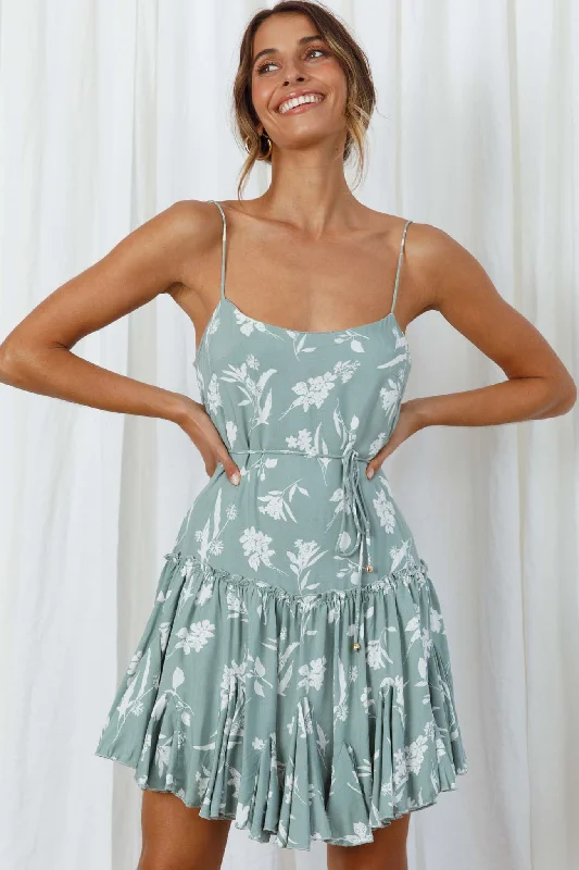 Rosabel Spaghetti Strap Fluted Hem Dress Floral Print Sage