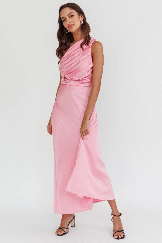 Scarlett One-Shoulder Pleat Maxi Dress Pink