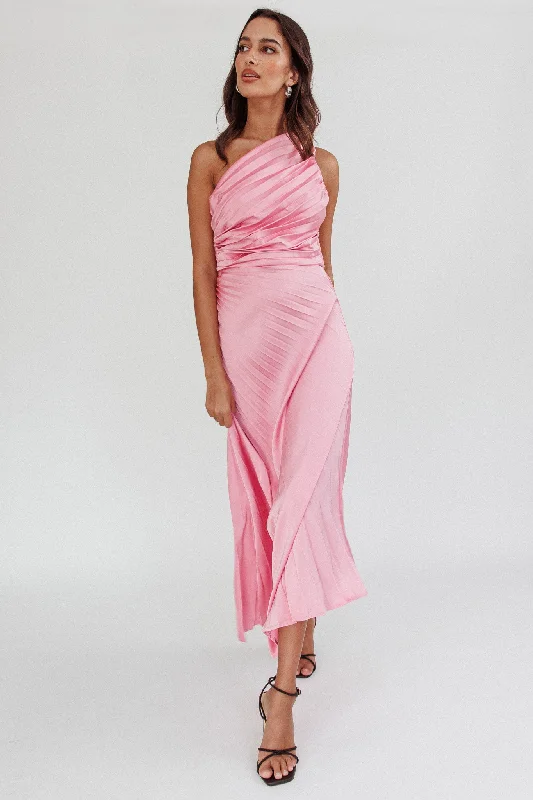 Scarlett One-Shoulder Pleat Maxi Dress Pink