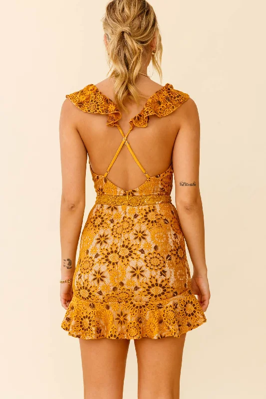 Short Story Ruffle Strap Criss-Cross Back Dress Floral Lace Mustard