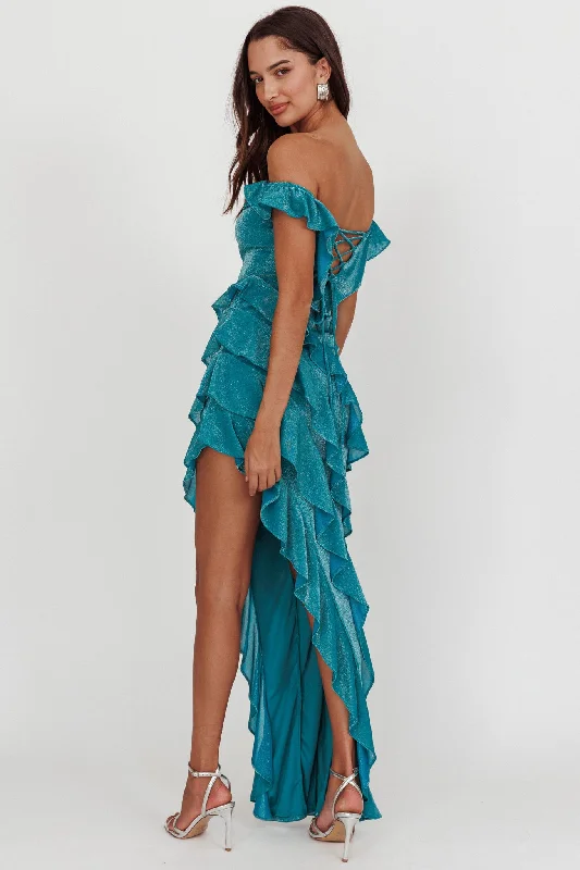 So Into You Off Shoulder Glitter Ruffle Dress Jade