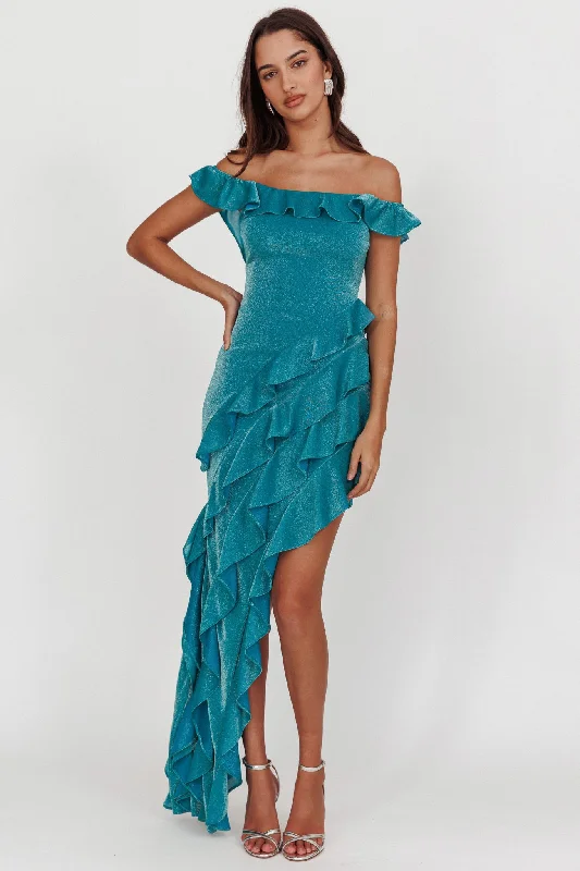 So Into You Off Shoulder Glitter Ruffle Dress Jade