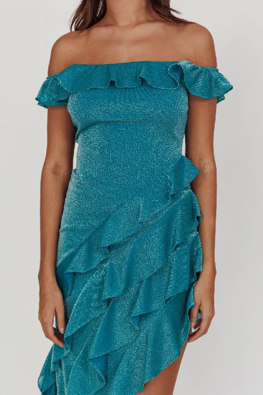 So Into You Off Shoulder Glitter Ruffle Dress Jade