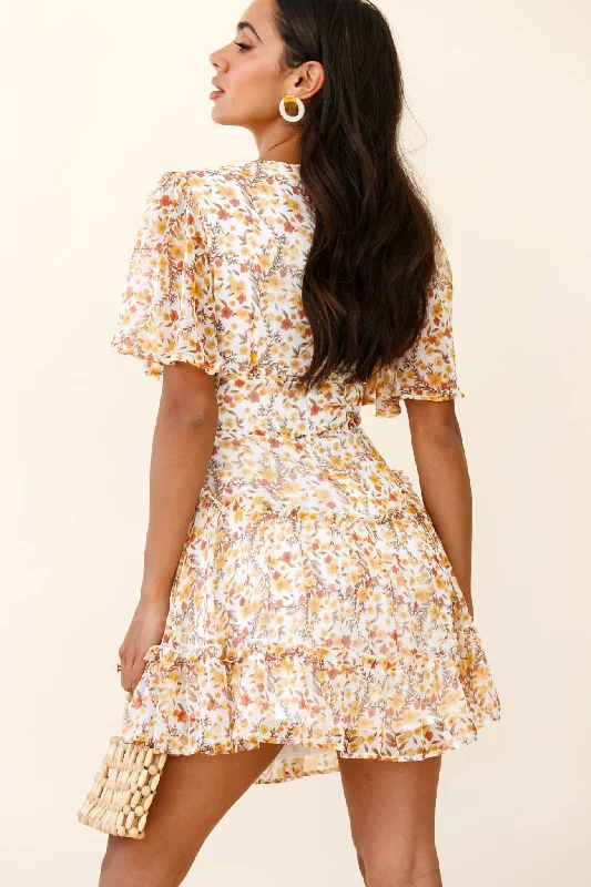 Stolen Moments Angel Sleeve Ruffle Dress Floral Print Yellow Multi