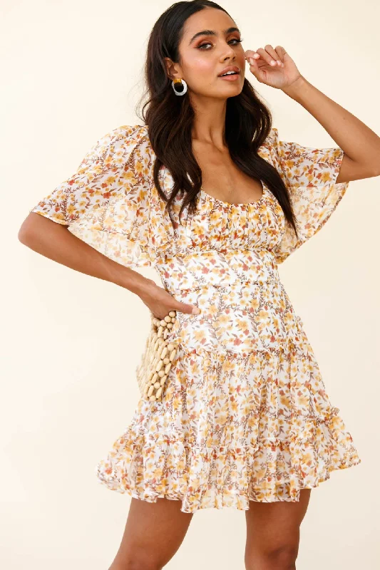 Stolen Moments Angel Sleeve Ruffle Dress Floral Print Yellow Multi