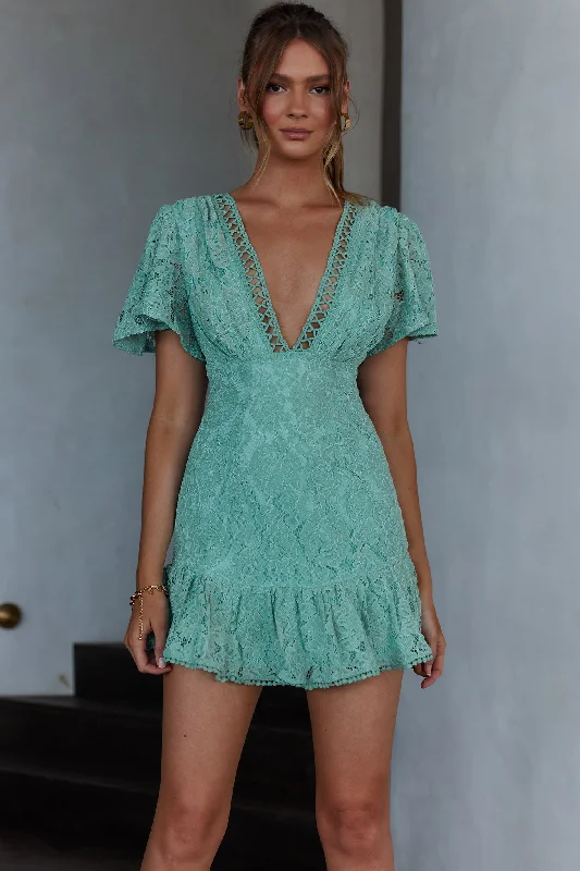 Summer Wine Flutter Sleeve Lace Dress Sage