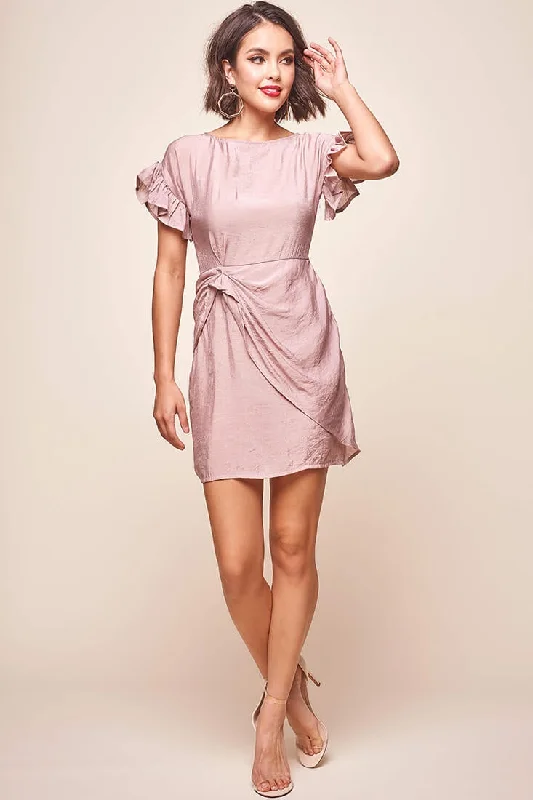 Tanesha Drape Skirt Ruffle Sleeve Dress Mocha