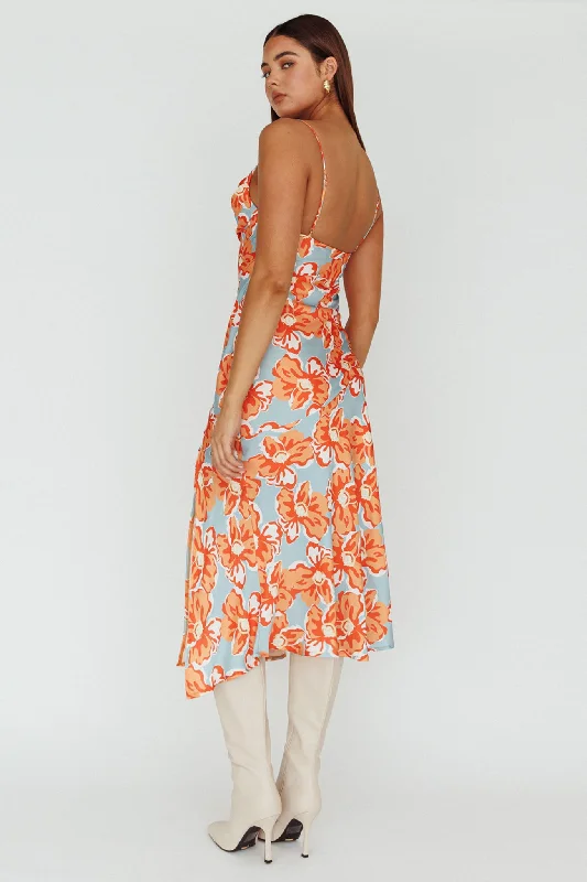 Well Versed Pleated Bust Front Split Dress Flowers Orange