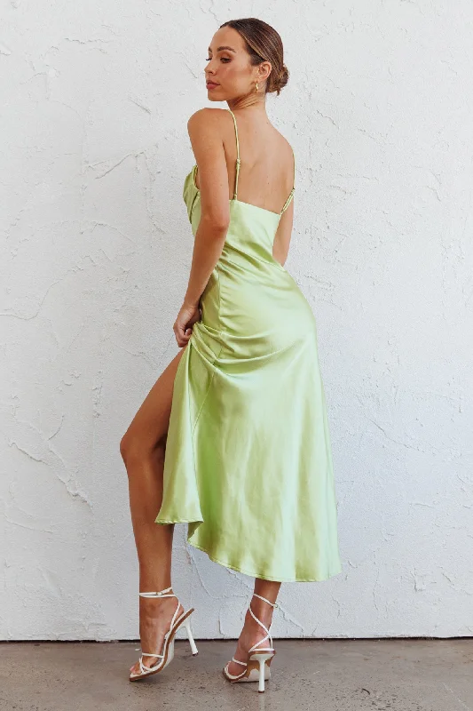 Well Versed Pleated Bust Front Split Dress Satin Lime