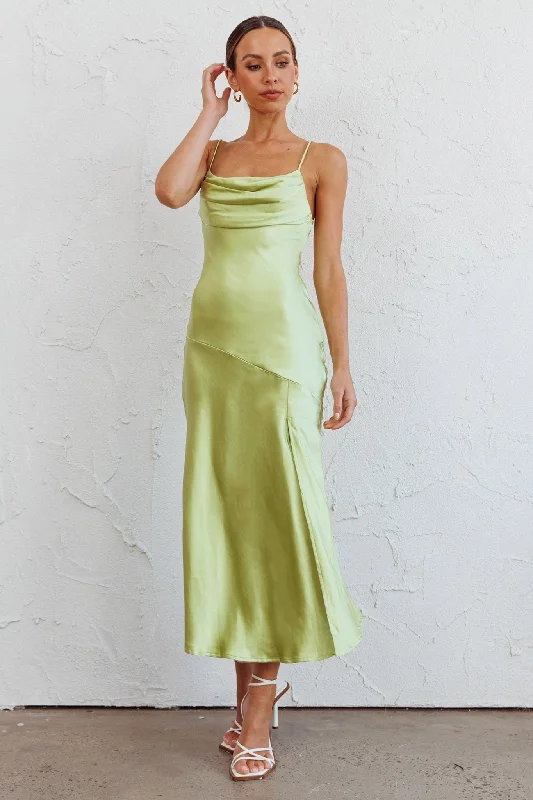 Well Versed Pleated Bust Front Split Dress Satin Lime