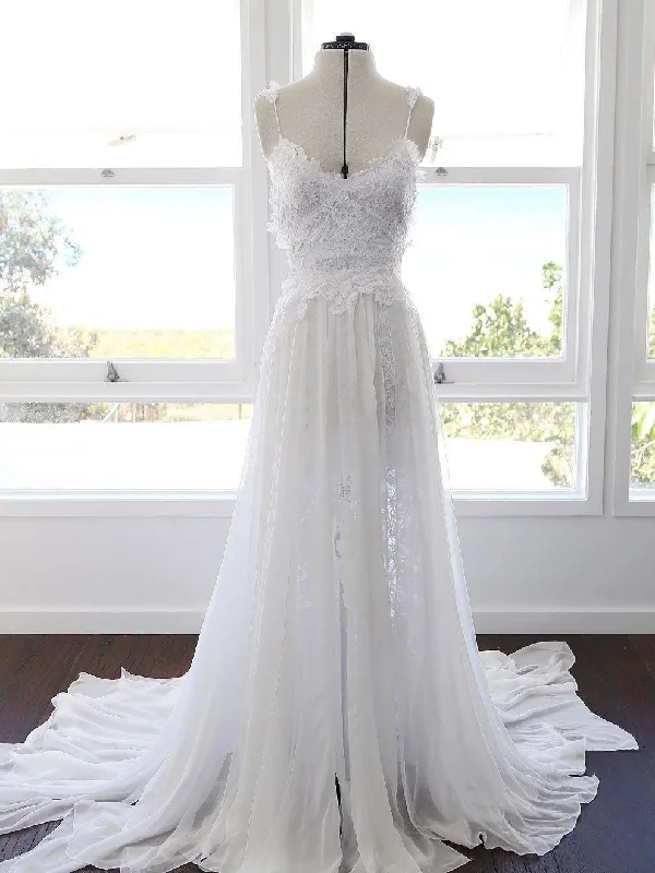 A-line Spaghetti Strap White Lace Chiffon Beach Wedding Bridal Dresses  WD290