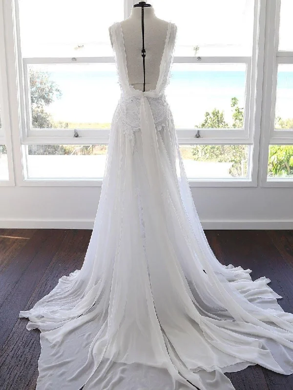 A-line Spaghetti Strap White Lace Chiffon Beach Wedding Bridal Dresses  WD290