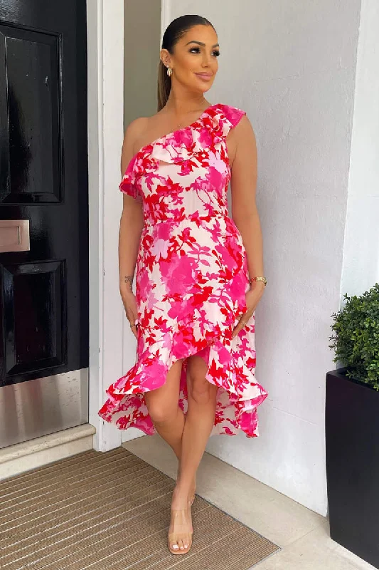 Annie Pink Floral One Shoulder Dipped Hem Dress