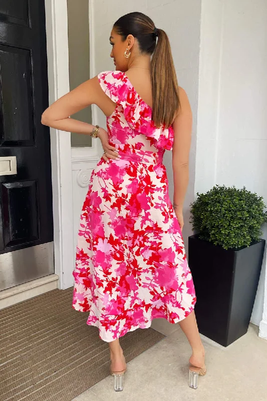 Annie Pink Floral One Shoulder Dipped Hem Dress