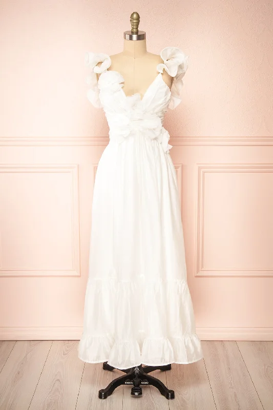 Binette | Long White Dress w/ 3D Flowers