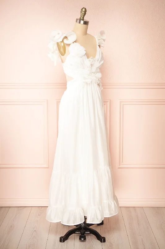 Binette | Long White Dress w/ 3D Flowers