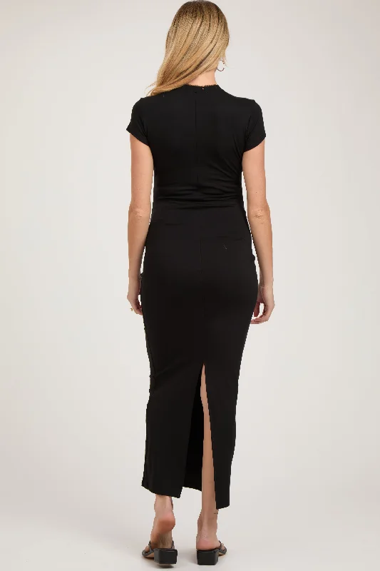 Black Fitted Short Sleeve Maternity Maxi Dress