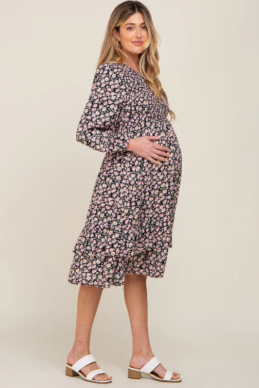 Black Floral Smocked 3/4 Sleeve Tiered Maternity Midi Dress