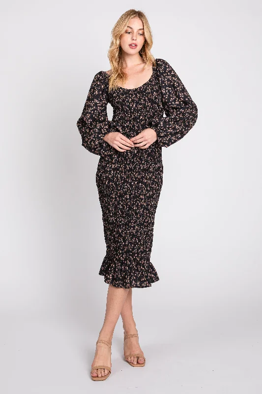 Black Floral Smocked Fitted Long Sleeve Maternity Midi Dress